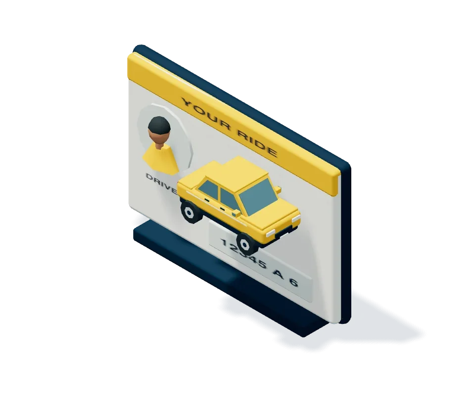 Illustrative booking details with a driver portrait, car, and example registration plate