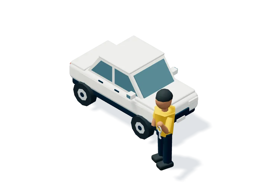 Illustration of a driver holding car keys beside a white compact car