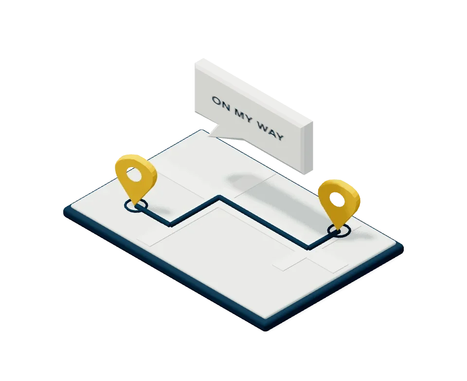 A route between two pickup pins beside an On my way message