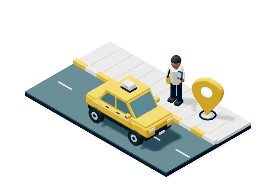 Illustration of a taxi arriving to meet a passenger at a pickup point