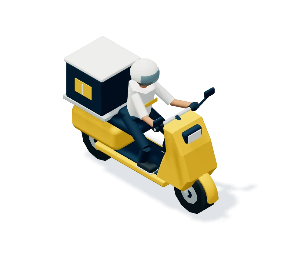 Illustration of a delivery scooter with a seated helmeted rider and a rear delivery box